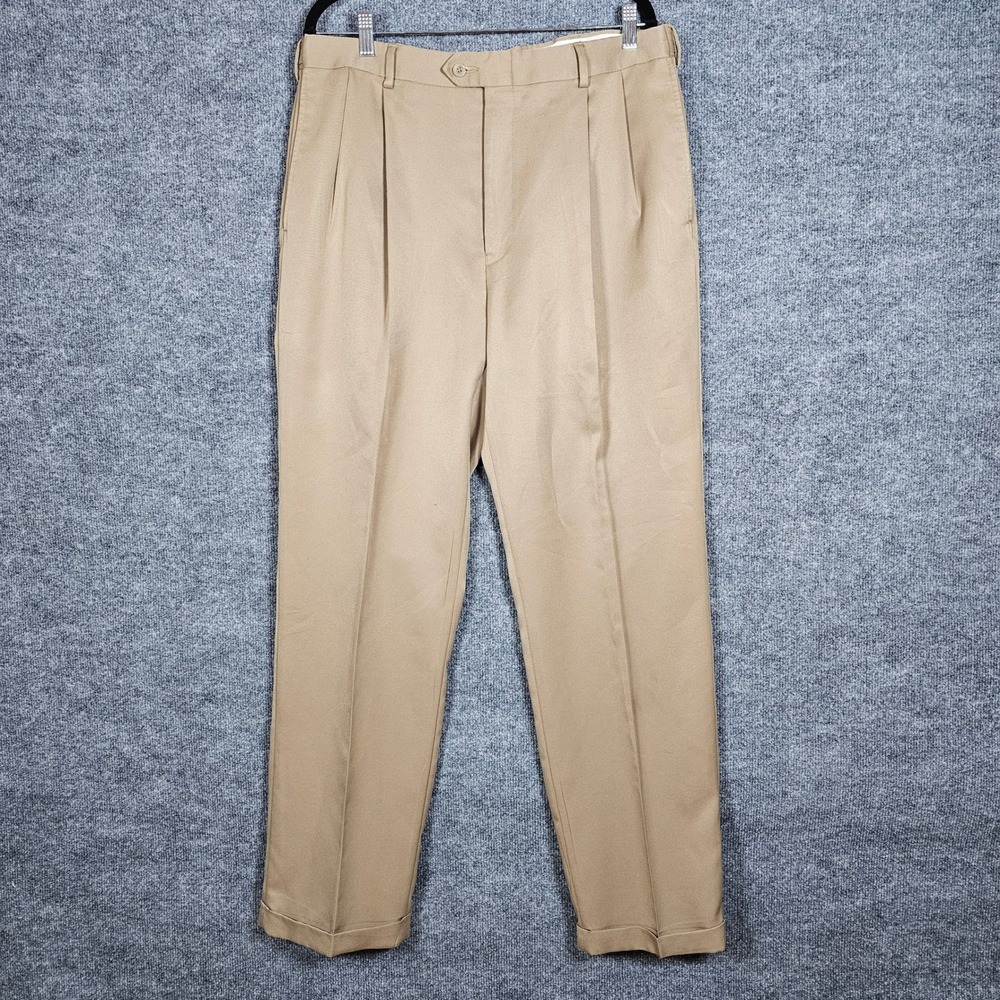 Jos A Bank Leadbetter Golf Pants Mens 36x32 Tan Pleated Cuffed Khaki Trousers - Picture 6 of 13